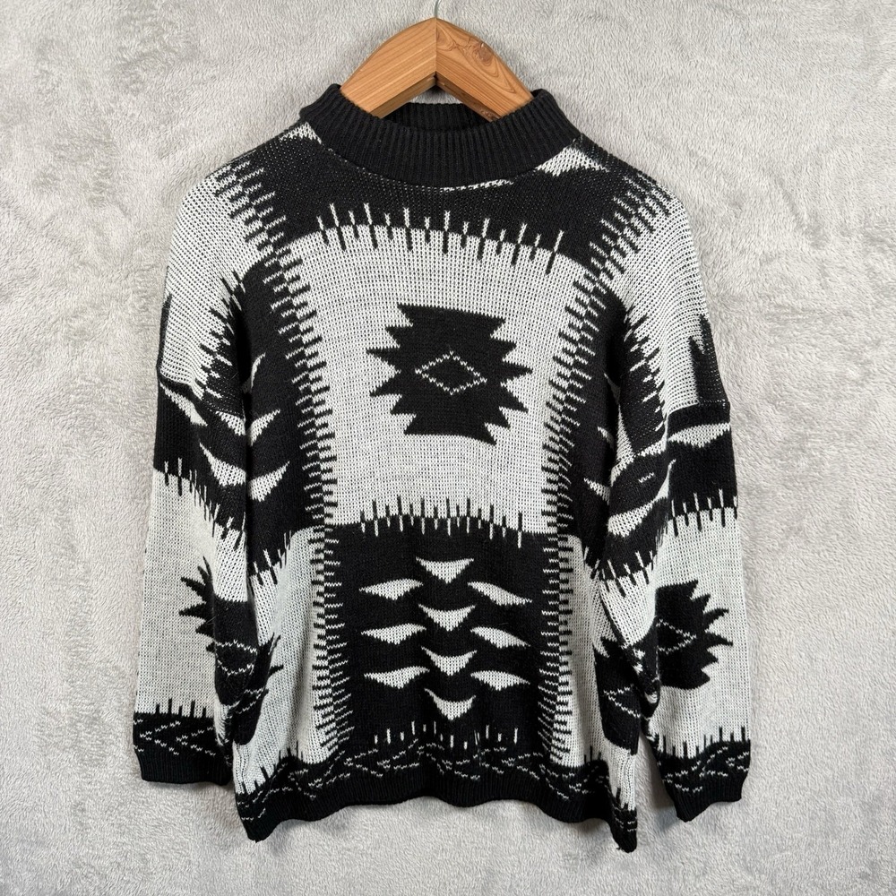 American Pride Southwestern Tribal Knit Sweater Mens M Black Gray USA Made 90s